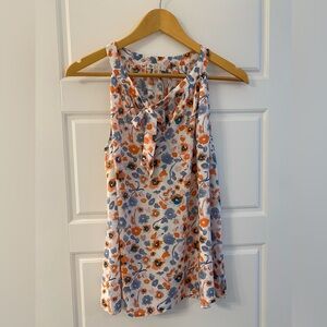 Lila Rose Floral Print Sleeveless Blouse in Orange and Blue Size Small Tie Front